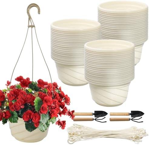 LECEHIVO 55 Pcs Plastic Hanging Planter Set with 2 Sets Potting Tools, Indoor Outdoor Flower Containers with Hooks, Round Hanging Pots for Plants, Balcony and Garden Decor