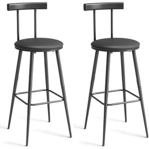 Bar Stools, Set of 2 High Kitchen Barstools, Bar Chairs with Backrest and Footrest, Industrial Counter Stools with PU Soft seat, for Kitchen, Living Room, Pub, Black BS-013BK