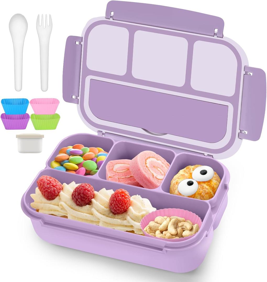 QQKO Bento Box Adult Lunch Box, Lunch Containers for Adults Men Women, Kids Lunch Boxes for School with 4 Compartments, Sauce Container, Utensils and Muffin Cups
