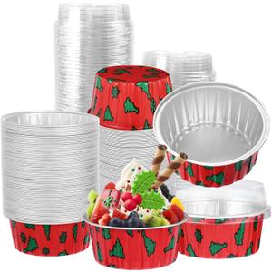 100Pcs Christmas Aluminum Cups with Lids,5oz Disposable Ramekin Baking Cups Muffin Liners Mini Pie Pans Foil Cupcake Containers for Christmas Party,Style B
