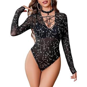 Avidlove Women Long Sleeve Bodysuit Deep V Neck Body Suits Mesh One Piece Leotard Going Out Tops with Sexy Choker , Medium
