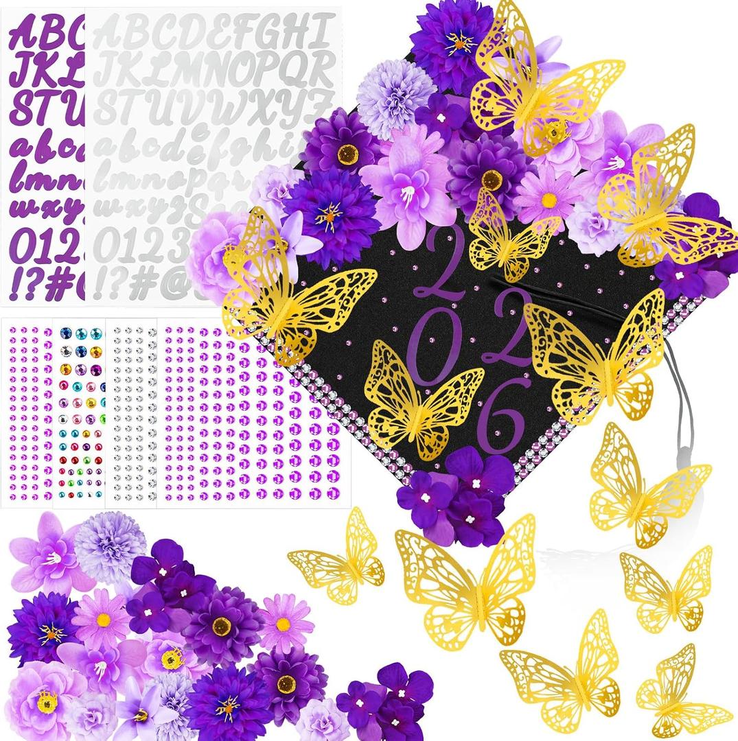 36 Pcs Graduation Cap Decorations Kits Faux Flower 3D Butterfly Rhinestones Glitter Alphabet Letter Sticker Purple Flower DIY Graduation Cap Decorations for Grad Cap Topper Graduation Party DIY Crafts