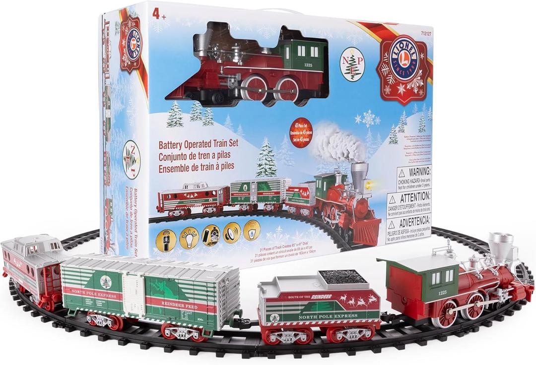 Lionel North Pole Express Battery O Gauge Toy Train Set with Remote, Locomotive, Train Cars, & Track with Authentic Train Sounds, Lights, & Water Vapor Smoke Effects for Kids 4+