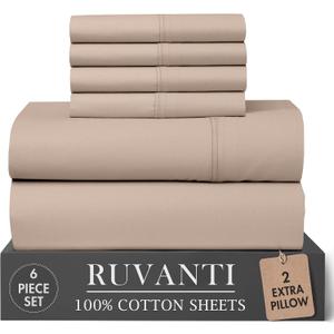 RUVANTI 100% Cotton Full Sheet Set, Percale Full Size Sheets, Sand Stone