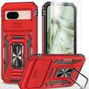 Pack of 2 PhuLok Compatible with Google Pixel 8A Case with HD Screen Protector,[Slide Camera Cover][Kickstand][Military-Grade] Heavy Duty Protection (Red)