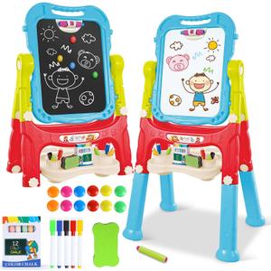 Toddler Art Easel for Kids, Double-Sided Magnetic Whiteboard & Chalkboard with Painting Accessories, Rotatable Easel Toy Gift for Boys and Girls