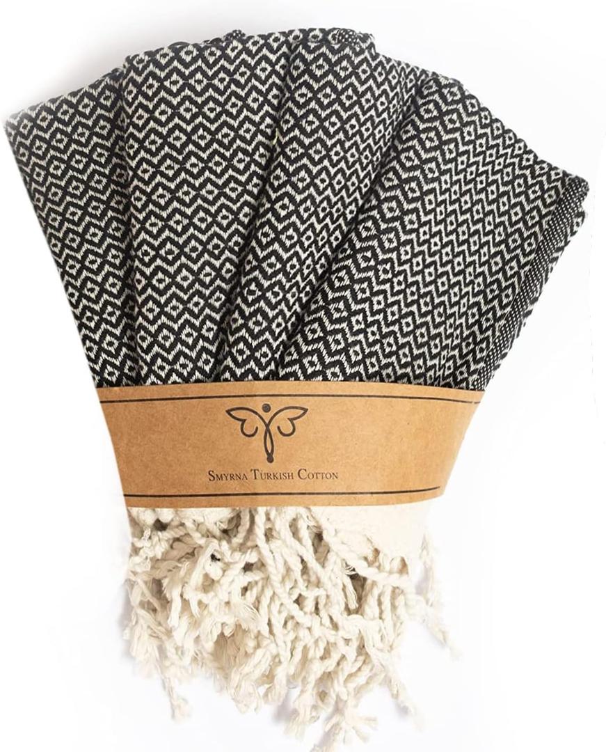 SMYRNA TURKISH COTTON Vintage Series Kitchen Dish Towels Pack of 4, Machine Washable Wash Cloths, Ultra Soft, Absorbent, Prewashed and Quick Dry Turkish Dish Towels, 15x26 Inch (Black)