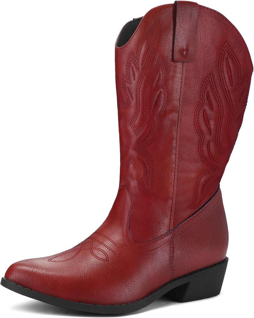 Mysoft Women's Wide Calf Cowboy Boots Pull-On Mid-Calf Embroidered Pointed Toe Retro Western Boots (9.5 Wide)