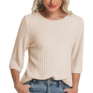 Women Fall Outfits Sweaters Tunic Tops Loose Fit Dressy 3/4 Sleeve Crew Neck Business Casual Blouses Shirts 2026 (Medium, Off-white)