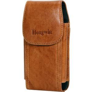 Hengwin Genuine Leather Cell Phone Holster Case with Belt Clip Fit for iPhone 16 Pro Max 15 Pro Max 14 Pro Max 13 Pro Max Samsung Galaxy S25 Ultra S24 Ultra Belt Holder Phone Pouch for Belt (Brown) (Large)