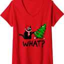 Womens Funny Black Cat Gift Pushing Christmas Tree Over Cat What? V-Neck T-Shirt, S