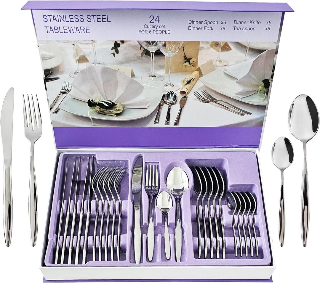 24-Piece Stainless Steel Silverware Set for 6, Stylish Apartment Essential Kitchen Serving Utensil Set, Mirror-Finish Flatware Cutlery Set for Home and Restaurant, Great Gift for Family & Friends