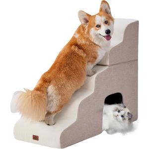Beige Curved Dog Stairs Ramp for High Beds 28.7" H, 5-Step Dog Steps for Small Dogs and Cats, Pet Stairs for High Bed Climbing, Non-Slip Balanced Pet Step