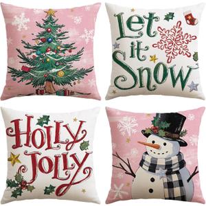 2 x Artscope Christmas Tree Snowman Throw Pillow Covers 18x18 Inch Set of 4, Let It Snow Holly Jolly Winter Hoilday Christmas Decoration Pillow Cases for Home Sofa Couch Decor-Pink