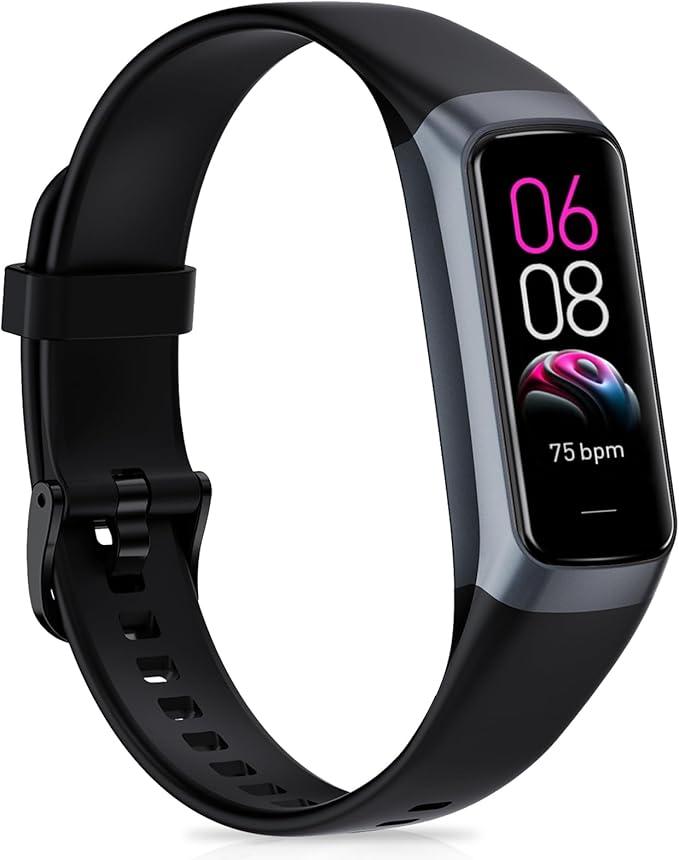 Fitness Tracker, Fitness Watch with 24/7 Heart Rate, Blood Pressure, Sleep Tracking, Calories, Activity Tracker with 1.1" AMOLED Screen, Waterproof Step Tracker for Android iPhones Women Men, Black