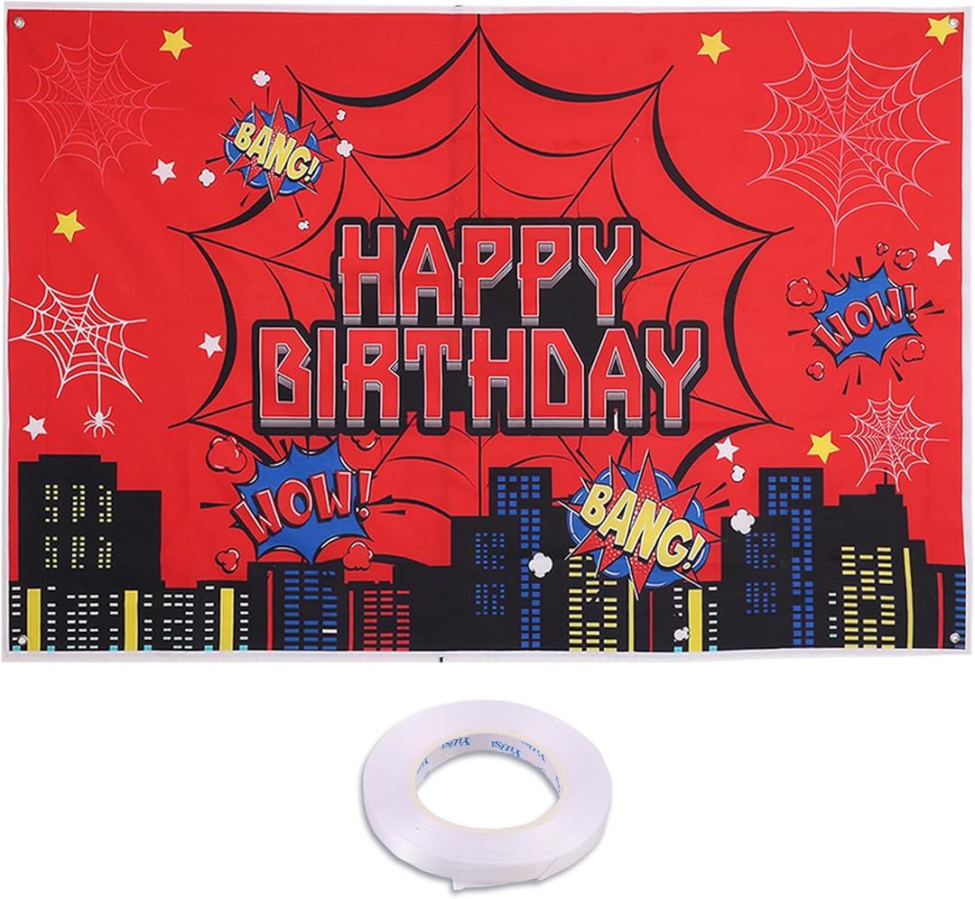 Spider Web Backdrop Party Decoration, 4.92x3.28ft Red Spider Web Happy Birthday Backdrop Banner Decoration Supplies for Boys Birthday Party & Photography