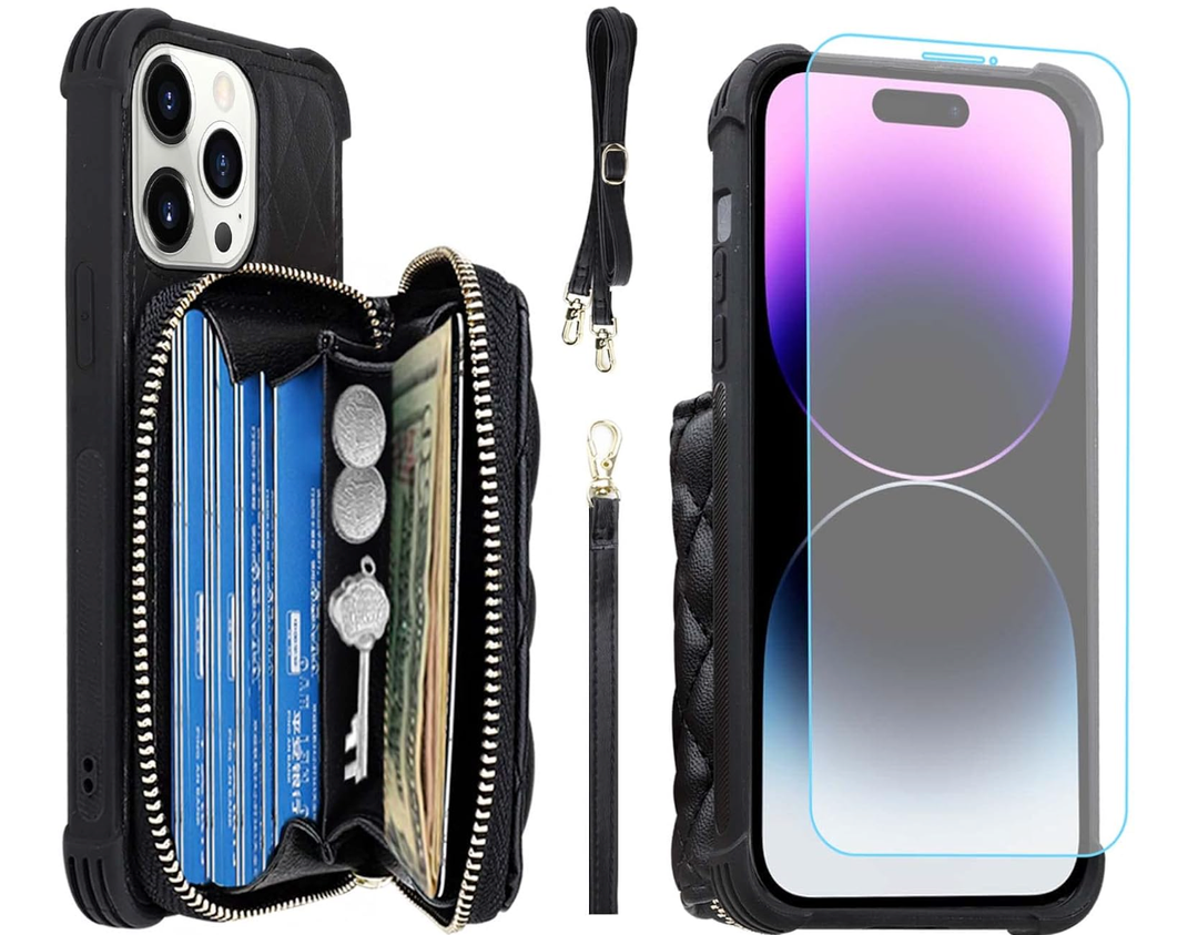 MONASAY Zipper Wallet Case Fit for iPhone 14 Pro Max, 6.7in [Glass Screen Protector ][RFID Blocking] Flip Leather Handbag Phone Cover with Card Holder and Crossbody Lanyard Strap, Black