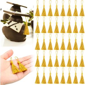 Suncalla 100 Pcs Mini Bookmark Tassels 2.4 Inch Silky Handmade Keychain Tassel Silky Floss Small Crafts for Craft Accessory Gift Tags Jewelry Keychain Making(Gold)