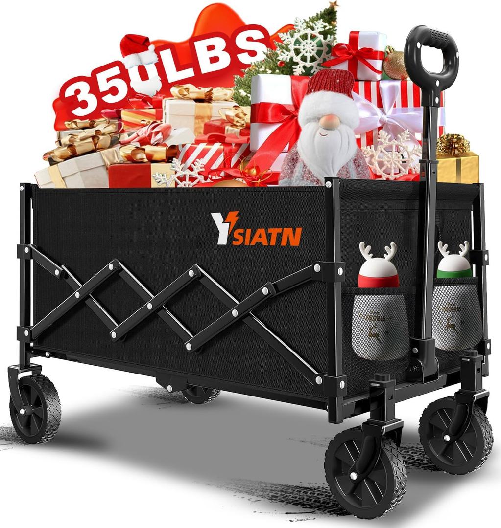Collapsible Wagon Cart Foldable with 350lbs Weight Capacity, Lightweight Utility Shopping Cart with Wheels, Folding Grocery Wagon Carts Portable for Beach Garden Sports and Camping, Black (100L)