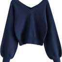 ZAFUL Women's Cropped Sweater V-Neck Long Sleeve Crop Sweater Pullover Jumper Knit Top (Medium, 1-navy Blue)