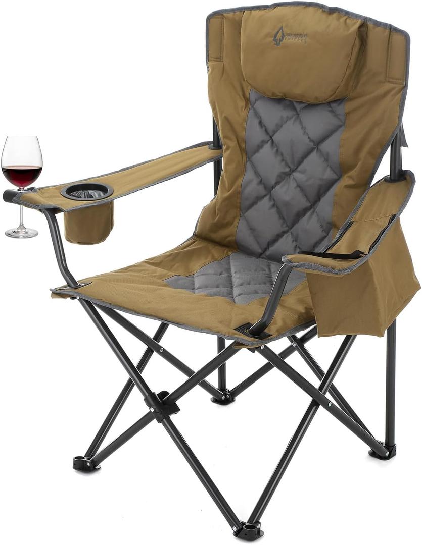 ARROWHEAD OUTDOOR Portable Deluxe Folding Camp Quad Chair w/Headrest, Glass & Cup Holders, Armest 6-can Cooler, Heavy Duty Carry Bag, 550 lbs Weight Capacity