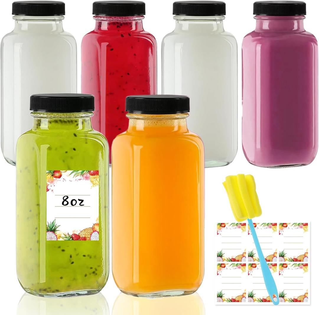 8 oz Glass Juice Bottles with Lids 6-Pack - Reusable Small Juice Drinking Jars for Green Juices, Shots & Smoothies