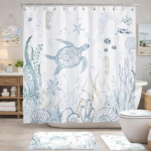 4 Pcs Sea Turtle Shower Curtain Set, Blue Ocean Beach Theme Bathroom Decor, Coastal Marine Life Coral Starfish Seashell Watercolor Shower Curtain with Rugs Toilet Lid Cover Bath Mat, 72x72 Inches