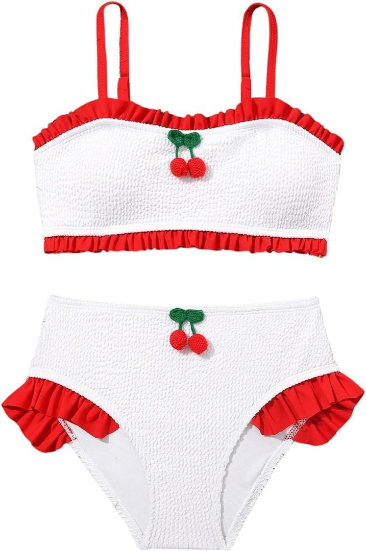 MakeMeChic Girl's Cherry Bikini Set Colorblock Ruffle Trim Cute Swimsuits 2 Piece Bathing Suit (Red and White) 11 years