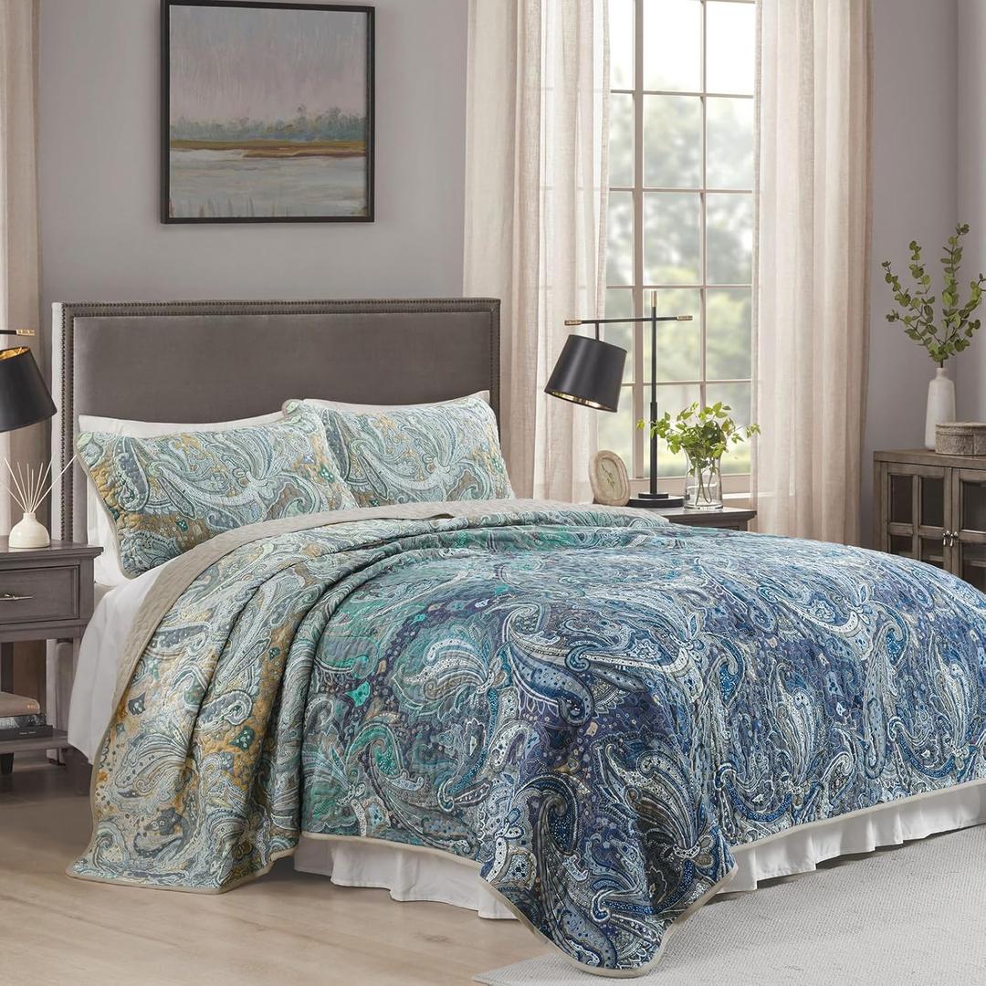 DJY Paisley Quilt Set King Size Khaki Blue Gradient Boho Bedspread Coverlet Set 3 Pieces, Soft Lightweight Microfiber Vintage Paisley Floral Pattern Bedding for All Season, 110''x90''