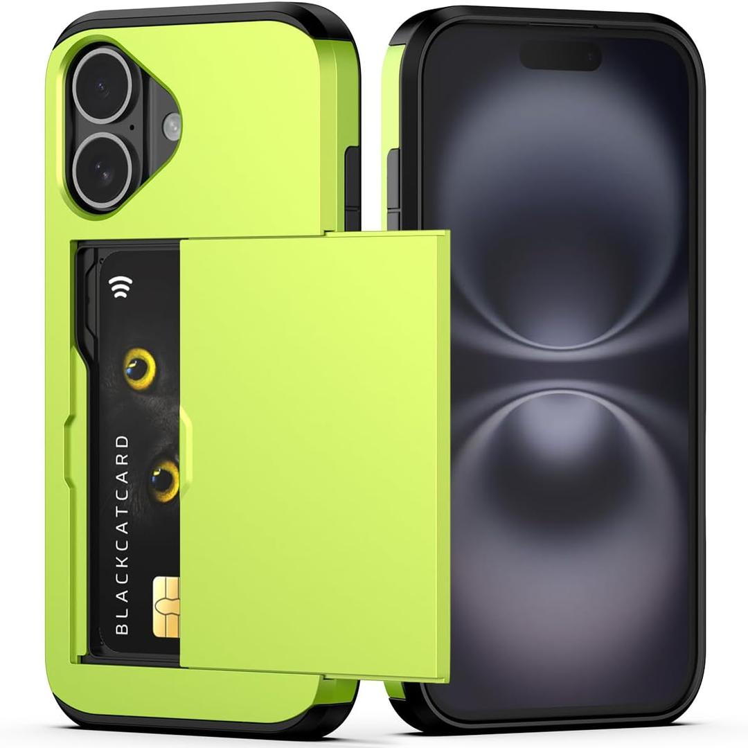 Nvollnoe Compatible with iPhone 16 Case with Card Holder Heavy Duty Protective Dual Layer Shockproof Hidden Card Slot Slim Wallet Phone Cover for iPhone 16 for Women&Men 6.1 inch(Neon Green)