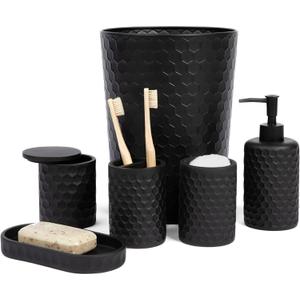 zccz 6 Piece Bathroom Accessories Set, Toothbrush Holder, Toothbrush Cup, Soap Dispenser, Bathroom Vanity Tray, Qtip Holder, Trash Can - Black