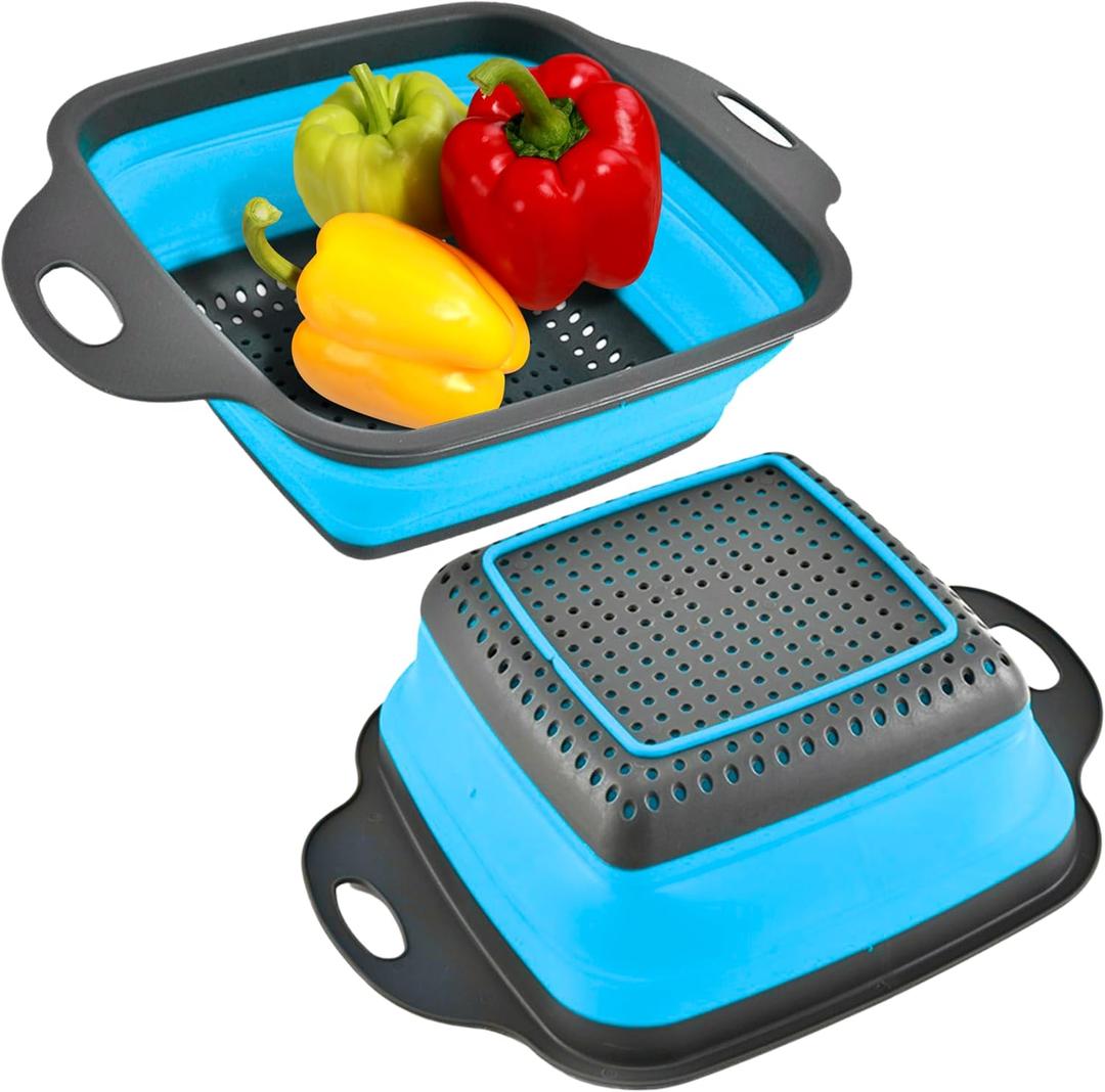 Square Collapsible Colander with Handles  Blue Square Silicone Kitchen Strainers with Plastic Handles Foldable Kitchen Strainer Perfect for Draining Pasta Vegetable and Fruit Blue