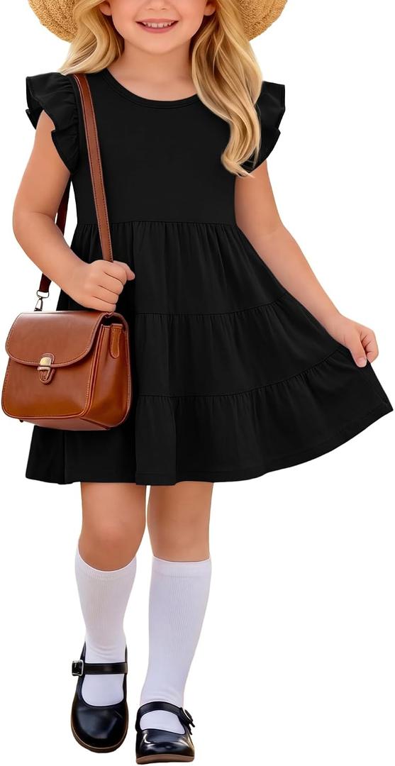 Girl's Ruffle Sleeve Dress Crewneck Short Sleeve Tiered Midi Dress for Kids 5-14 Years Elegant Casual Sundress (Black)