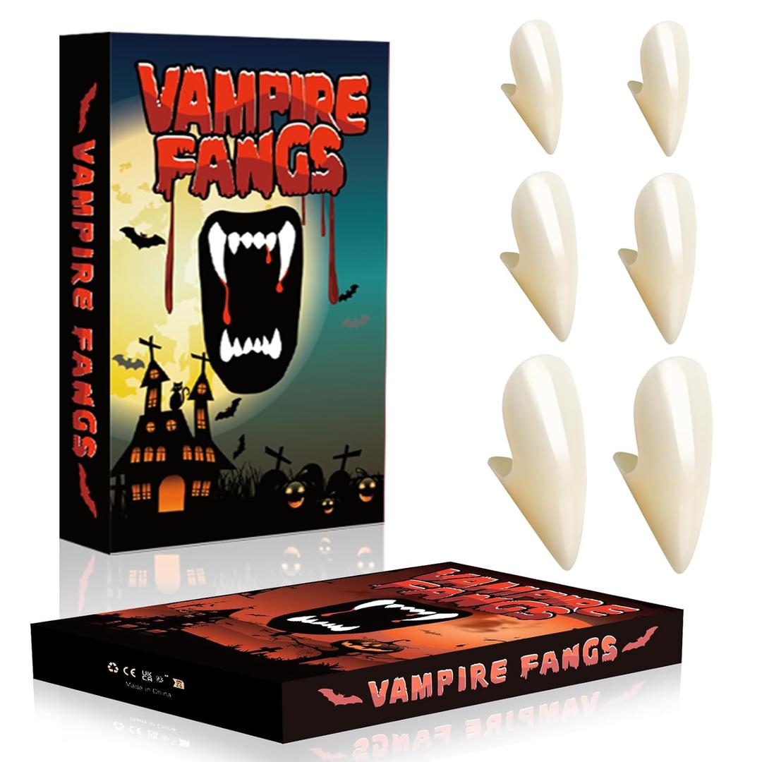 Vampire Teeth Fangs Kids Adults: 3 Sizes Realistic Vampire Fangs for Cosplay Halloween Vampire Costume Makeup Accessories Women Men Fake Fangs Teeth, Plastic Werewolf Teeth with Adhesive Party Favors