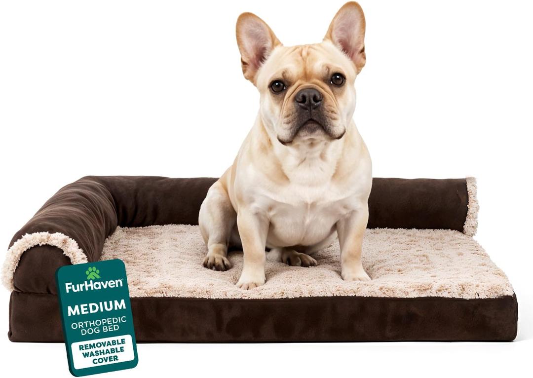 Furhaven Orthopedic Dog Bed for Medium/Small Dogs w/ Removable Bolsters & Washable Cover, For Dogs Up to 35 lbs - Two-Tone Plush Faux Fur & Suede L Shaped Chaise - Espresso, Medium,30"L x 20"W x 6"Th