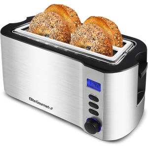 Elite Gourmet ECT4400B# Long Slot 4 Slice Toaster, Countdown Timer, 6 Toast Setting, Defrost, Cancel Function, Built-in Warming Rack, Extra Wide Slots for Bagel Waffle, Stainless Steel