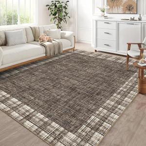 GarveeHome Rugs for Living Room 8x10 Machine Washable Area Rug Modern Plaid Rugs Large Rug Non Slip Low Pile Soft Carpet Indoor Floor Cover for Bedroom, Brown