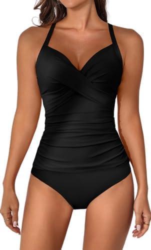 B2prity Women's Ruched Tankini Swimsuits V Neck Wrap Tie Back Two Pieces Bathing Suit Tummy Control Swimwear (Medium, Black)
