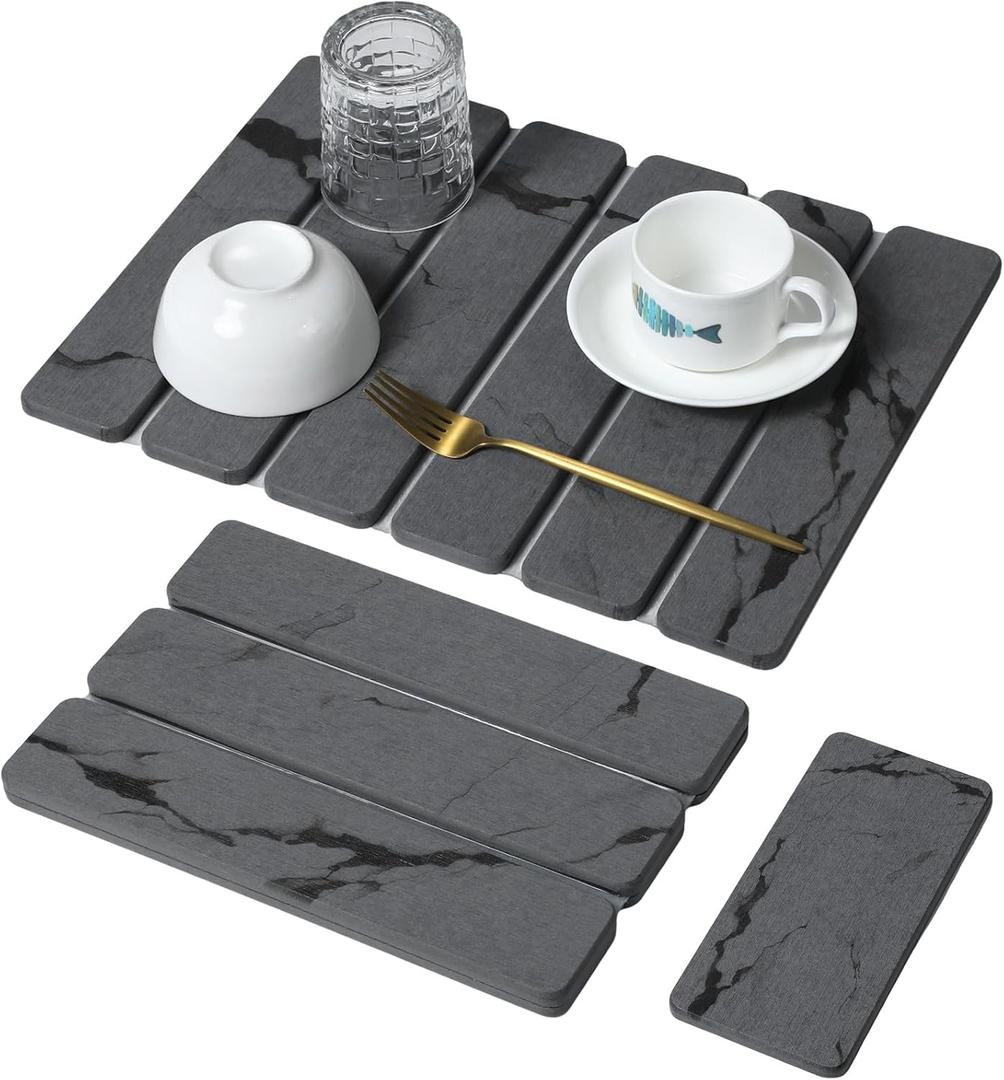 Large Stone Dish Drying Mat for Kitchen Counter, 2PCS Quick Dry Stone Dishes Mat,Foldable Water Absorbing Diatomaceous Drying Organizer Pad for Plate Rack Bottles Utensils(Dark Gray 16"x12" & 8x4")