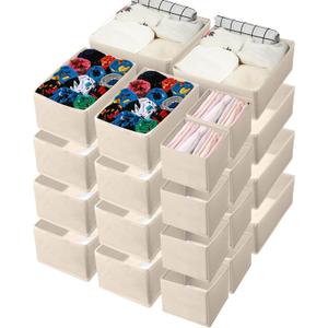 24 Set Clothes Dresser Drawer Organizers Dividers, Nursery Organization Bin Fabric Foldable Closet Clothing Wardrobe Storage Box Container Basket for Bras Socks Underwear Bedroom, (Beige)
