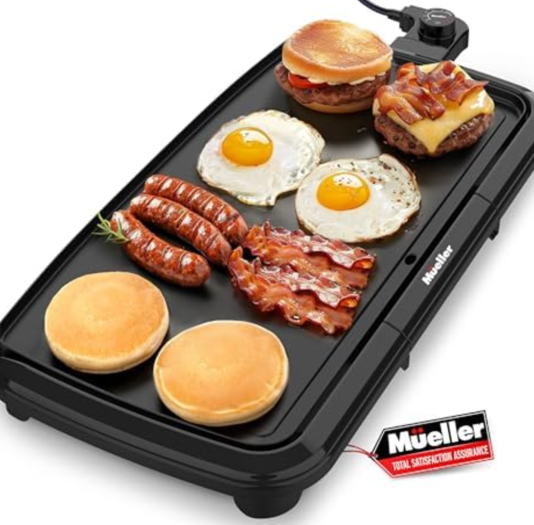 2-Pack Mueller HealthyBites 20-inch Electric Griddle, Cool-Touch Handles, Slide-Out Drip Tray for Breakfast Pancakes, Burgers, and Eggs, Eco-Friendly Pancake Grill, 10 Eggs at Once, Nonstick & Teflon-Free
