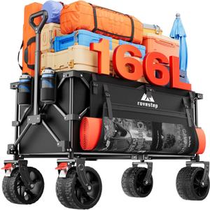 Collapsible Wagon, Foldable Beach Cart with Big Wheels for Sand, Heavy Duty All-Terrain Utility and Garden Cart, Portable Grocery Wagon, 166L Capacity, 450lb Load (Black)