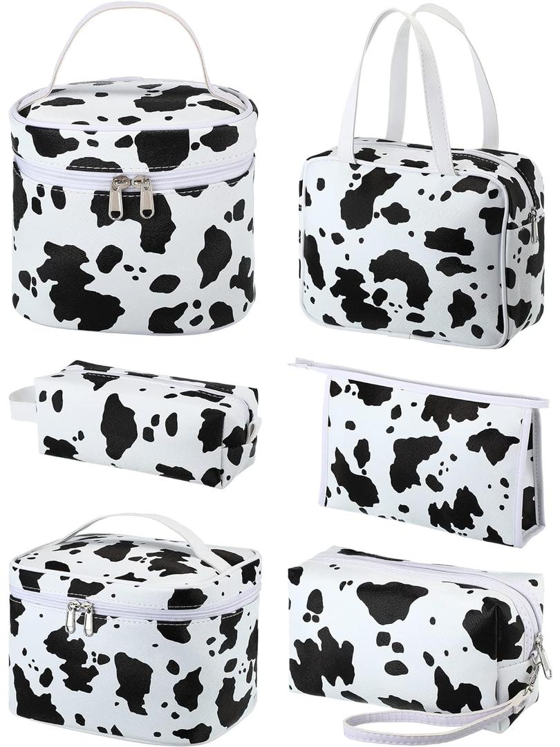 Saintrygo Set of 6 Makeup Bag Set Travel Cosmetic Bag Cow Print Toiletry Pouch Gifts for Women Organizer with Zipper Portable Cute Make up PU Leather Case Washable Waterproof