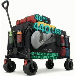TerrainGO Collapsible Wagon Cart with Interchangeable All Terrain Wheels Patent Pending Foldable Beach Wagon Utility Cart - Camping Essentials with Storage Pockets, and Cup Holders, Max Load 440lbs