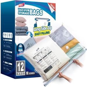 TAILI 12 Pack Vacuum Storage Bags, LONG SIDE ZIP (39x28 inch) Vacuum Seal Bags for Clothing, Jumbo Storage Space Saver for Beddings, Comforters, Blanket, Pillows and Clothes