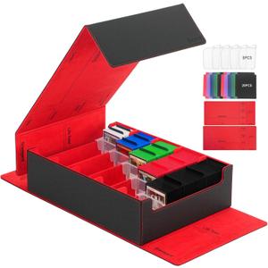 5 Row Trading Card Storage Box, 3800+Bulk Card Organizer Box with 20 Dividers & 5 Supporters, Graded Card Deck Box for YuGiOh, MTG, TCG with Double Lid Black/Red