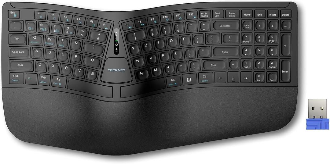 TECKNET Wireless Ergonomic Keyboard Rechargeable, 2.4G+Bluetooth Ergo Cordless USB Computer Keyboard, Wrist Rest, Natural Typing, Stain-Resistant Fabric, Compatible For Windows Computer Desktop Laptop