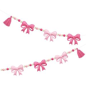 Pink Bow Decorations Pre-Strung Felt Handmade Bow Banner Wool Felt Ball Wooden Bead Bow Garland Streamer for Nursery Classroom Home Mantle Fireplace Decor Baby Shower Coquette Birthday Party Supplies