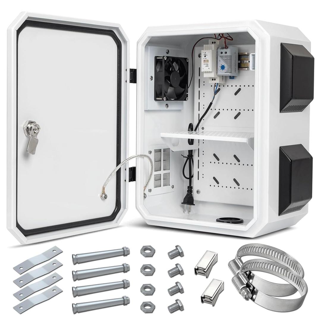 Outdoor Electrical Box with Thermostat and Fan, Cold-Rolled Steel Plate, Aluminum Alloy Back Beam, One-Piece Ventilation Design, IP65 Waterproof, Wall/Pole Mounted. (15.7" x 11.8" x 7.9")