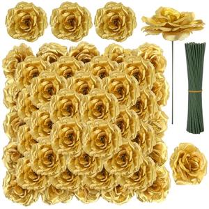 LELEE Rose Head Flowers with Stem - 108pcs Gold Rose Artificial Flowers Bulk - 3.1'' Silk Roses Fake Flower for Wedding Bouquet Party Home Decor DIY Baby Shower Centerpieces Tables Decoration